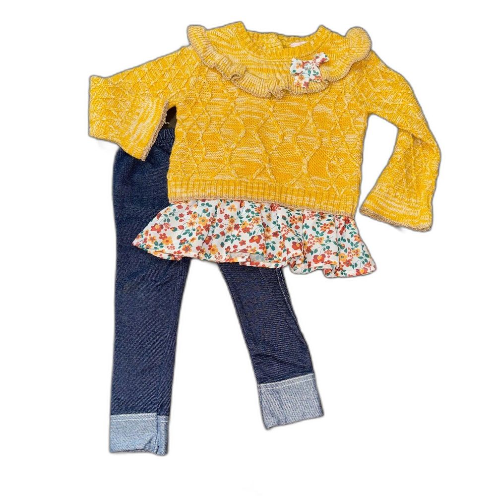 Little Lass Marigold Yellow Ruffle Neck Floral Peplum Sweater Jean Set 2T